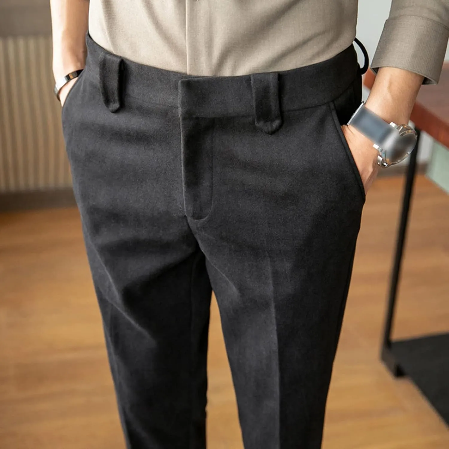Soluo Men's Business Suit Pants Retro Wool Slim Fit Tweed Dress Pants Vintage Stretch Chino Flat Front Trousers