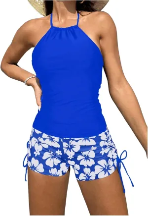 SOLY HUX Tankini Swimsuits for Women Halter Tops and Floral Print Shorts Bathing Suits Two Piece Swimsuit