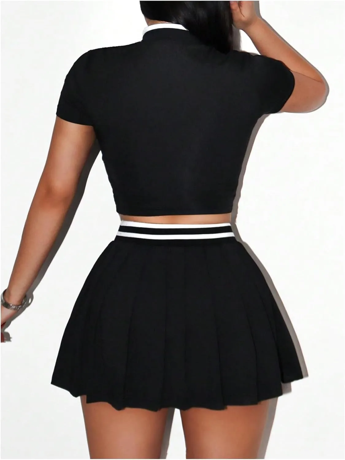SOLY HUX Women's 2 Piece Outfits Striped Short Sleeve Collared Crop Tops and Pleated Mini Skirt Set