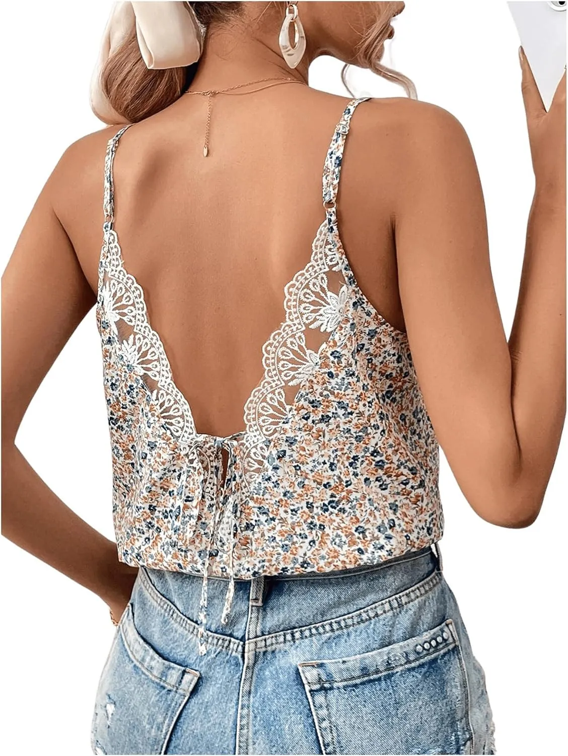 SOLY HUX Women's Ditsy Floral Print Cami Top V Neck Lace Trim Tie Backless Summer Tops