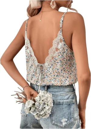 SOLY HUX Women's Ditsy Floral Print Cami Top V Neck Lace Trim Tie Backless Summer Tops