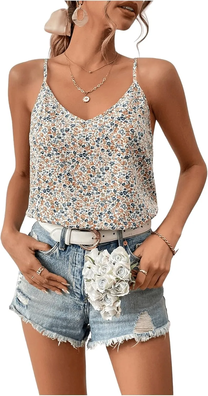SOLY HUX Women's Ditsy Floral Print Cami Top V Neck Lace Trim Tie Backless Summer Tops