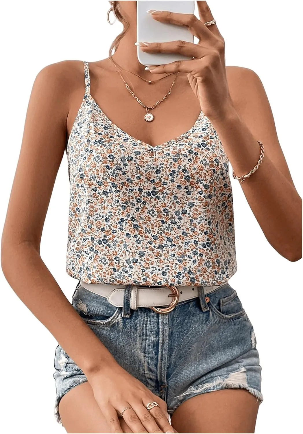 SOLY HUX Women's Ditsy Floral Print Cami Top V Neck Lace Trim Tie Backless Summer Tops