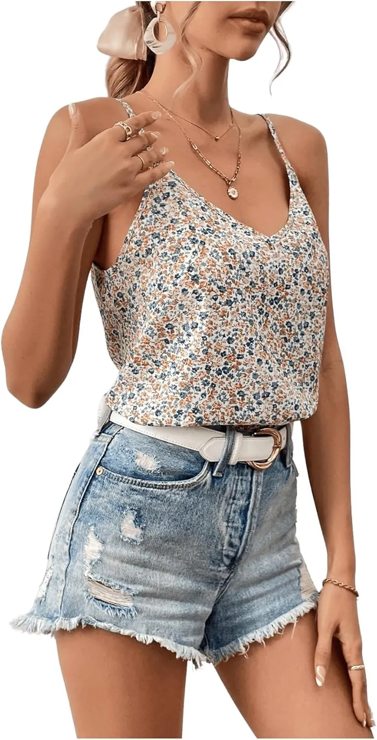 SOLY HUX Women's Ditsy Floral Print Cami Top V Neck Lace Trim Tie Backless Summer Tops