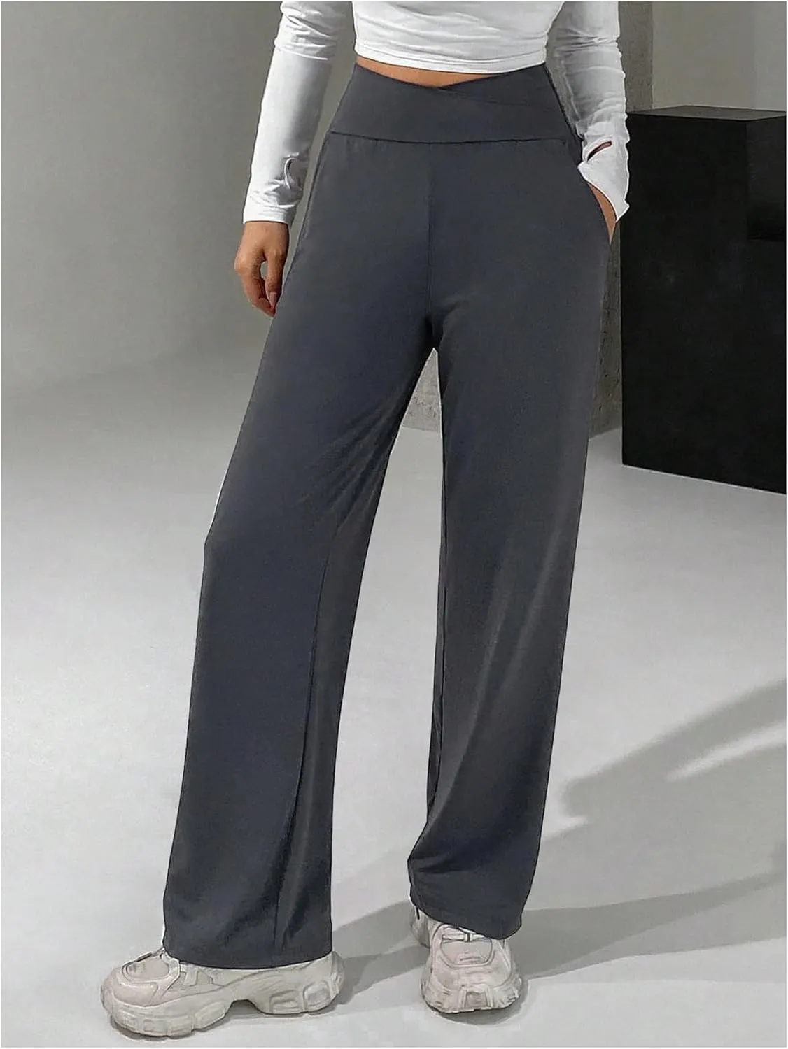 SOLY HUX Women's High Waisted Wide Leg Pants Elastic Waist Bootcut Yoga Pants Casual Trousers