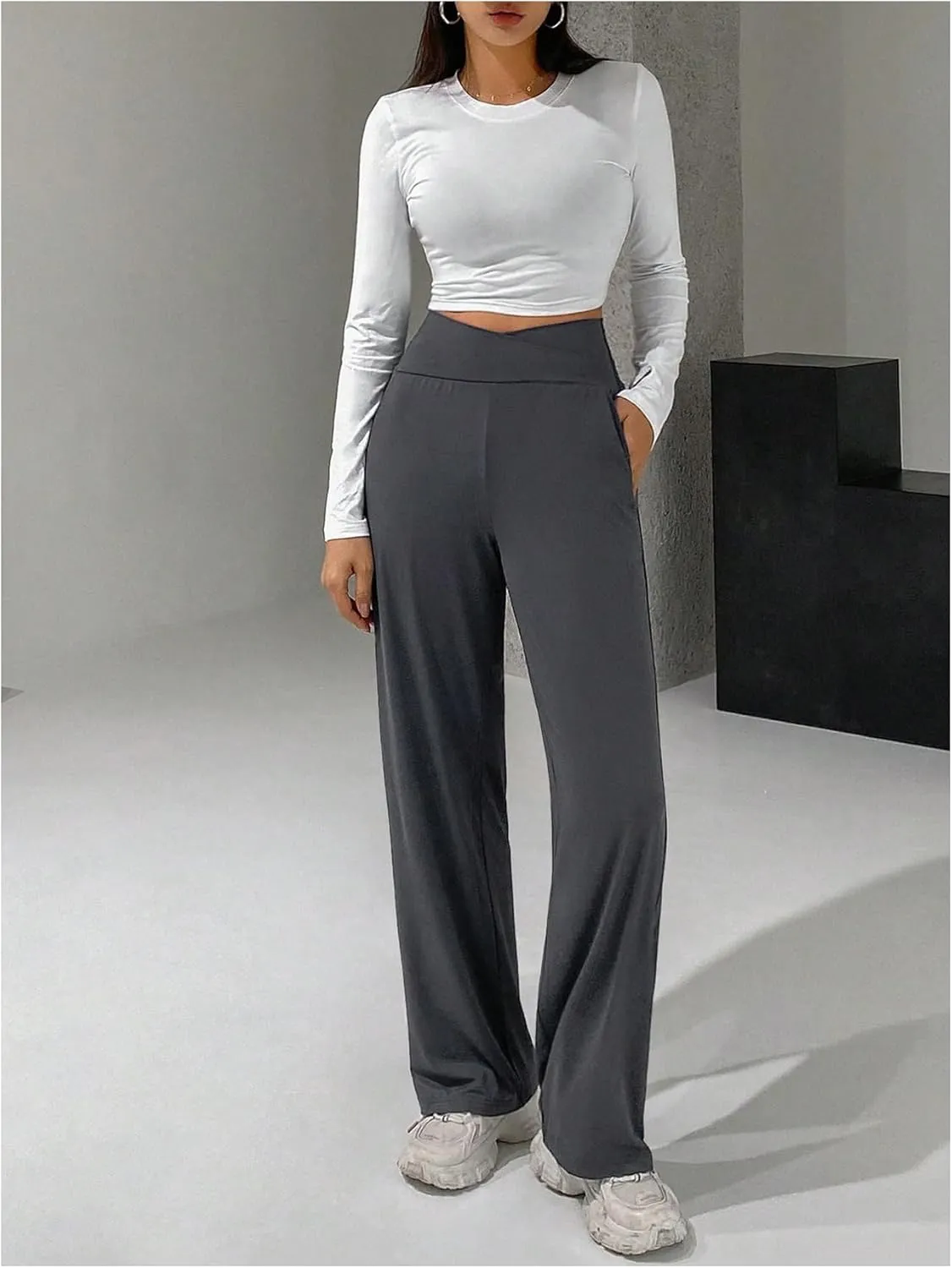 SOLY HUX Women's High Waisted Wide Leg Pants Elastic Waist Bootcut Yoga Pants Casual Trousers