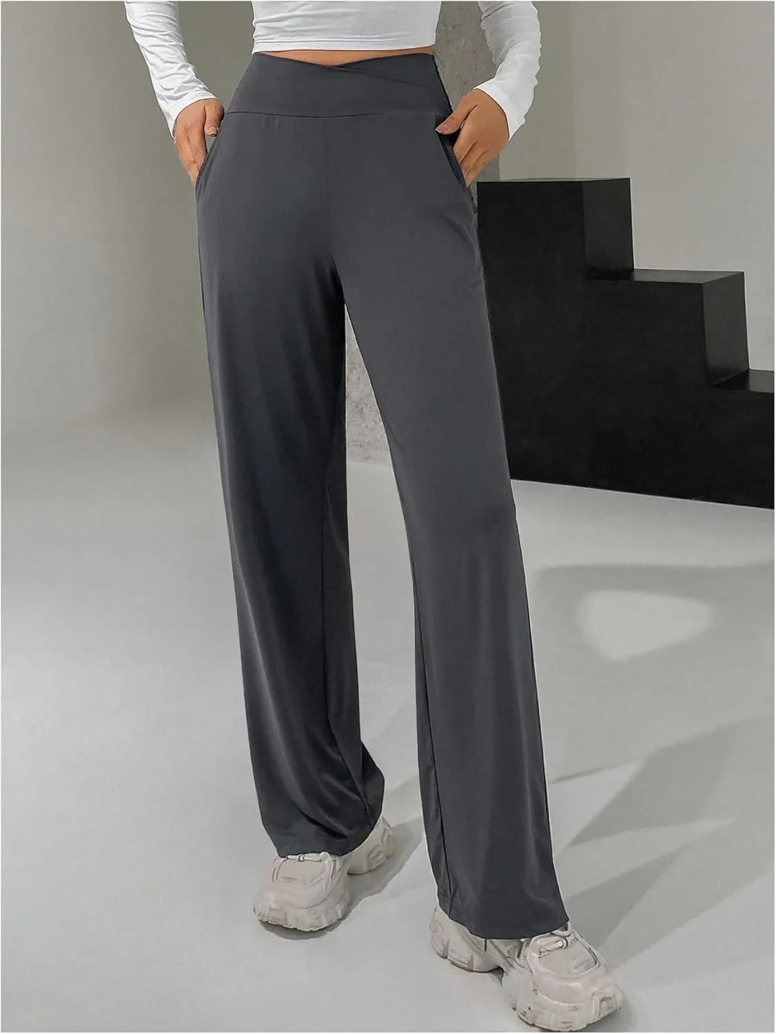 SOLY HUX Women's High Waisted Wide Leg Pants Elastic Waist Bootcut Yoga Pants Casual Trousers