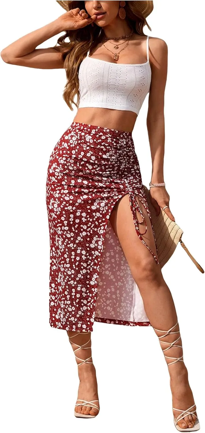 SOLY HUX Women's Summer Two Piece Outfits Cami Tops and Floral Print Drawstring Split Skirt Set