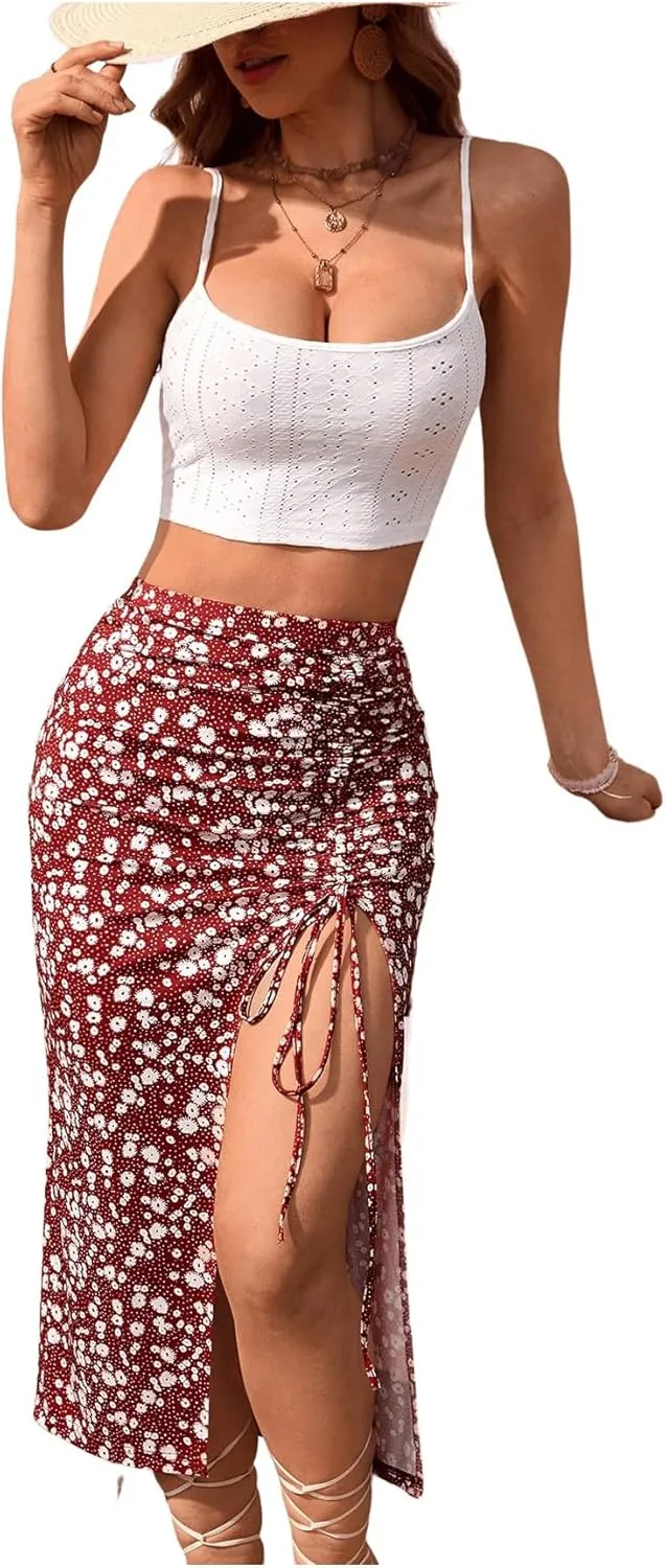 SOLY HUX Women's Summer Two Piece Outfits Cami Tops and Floral Print Drawstring Split Skirt Set