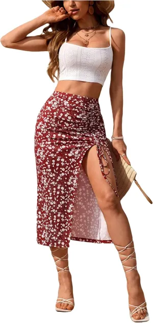 SOLY HUX Women's Summer Two Piece Outfits Cami Tops and Floral Print Drawstring Split Skirt Set