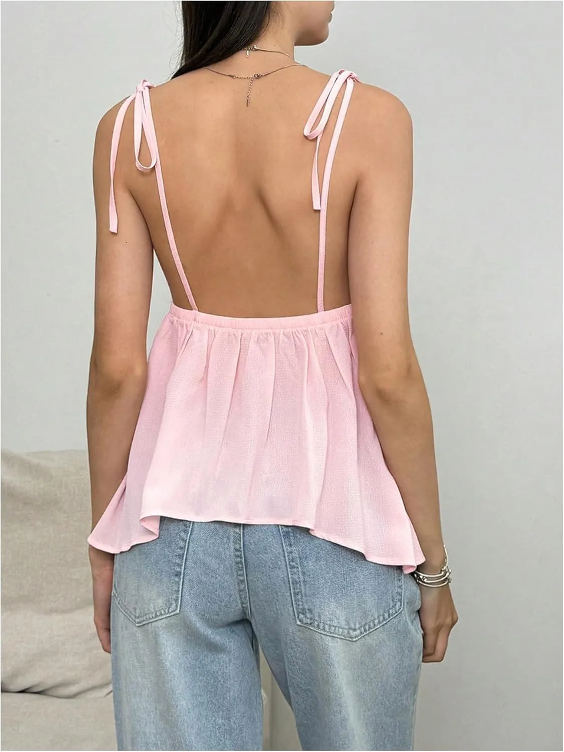SOLY HUX Women's Tie Shoulder Spaghetti Strap Cami Top V Neck Ruffle Hem Camisole Summer Tops