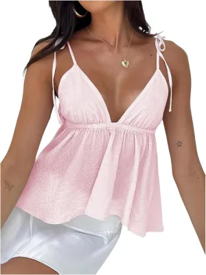 SOLY HUX Women's Tie Shoulder Spaghetti Strap Cami Top V Neck Ruffle Hem Camisole Summer Tops