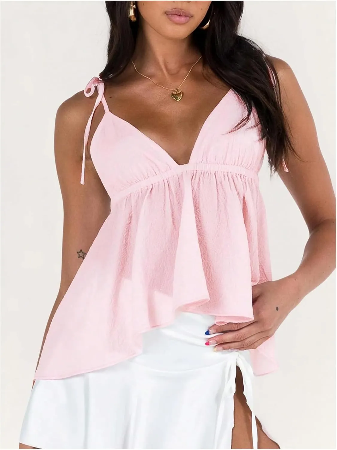 SOLY HUX Women's Tie Shoulder Spaghetti Strap Cami Top V Neck Ruffle Hem Camisole Summer Tops