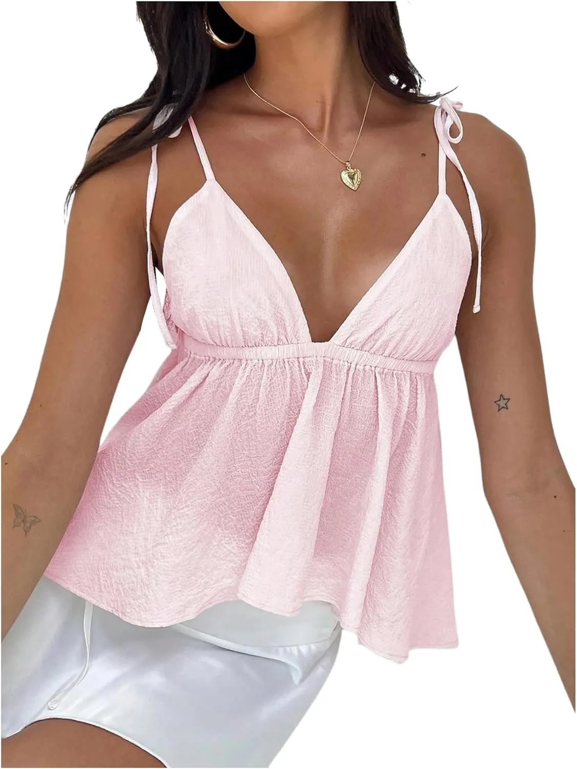 SOLY HUX Women's Tie Shoulder Spaghetti Strap Cami Top V Neck Ruffle Hem Camisole Summer Tops