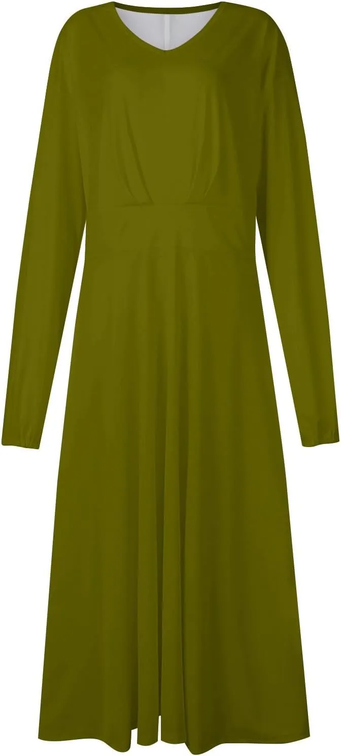 Spring Dresses for Women 2025,Women's 2025 Midi Dress Casual Long Sleeve V Neck Solid Color A Line Flowy Dresses