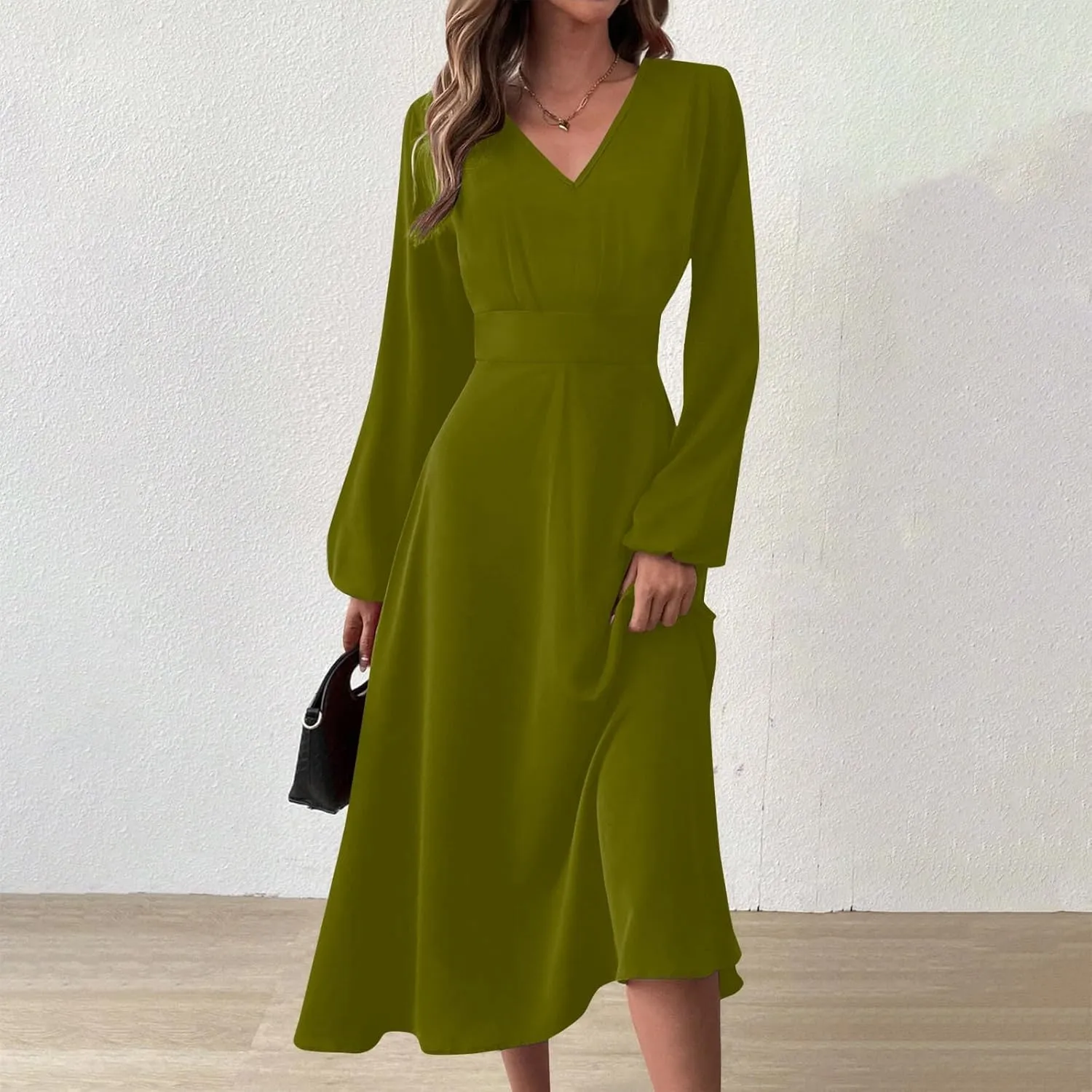 Spring Dresses for Women 2025,Women's 2025 Midi Dress Casual Long Sleeve V Neck Solid Color A Line Flowy Dresses