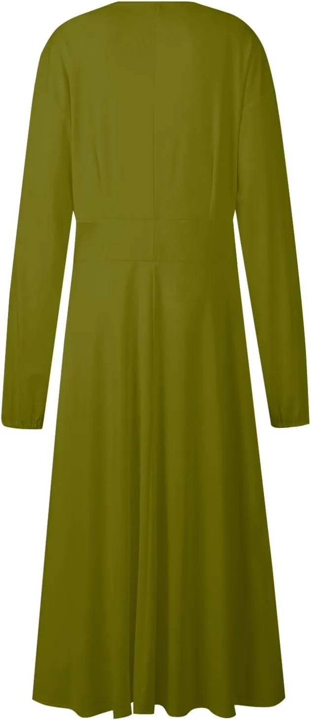 Spring Dresses for Women 2025,Women's 2025 Midi Dress Casual Long Sleeve V Neck Solid Color A Line Flowy Dresses
