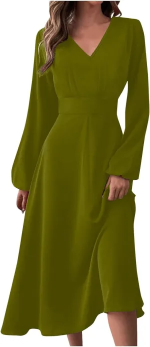 Spring Dresses for Women 2025,Women's 2025 Midi Dress Casual Long Sleeve V Neck Solid Color A Line Flowy Dresses