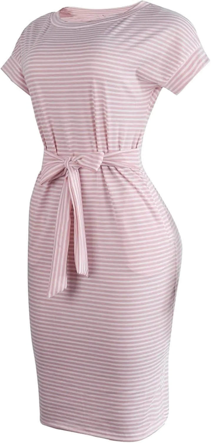 Striped Dress For Women Summer Short Sleeve Crewneck Dress Basic Solid Tie Waist Office T Shirt Dress With Pockets