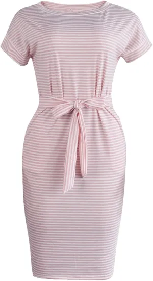 Striped Dress For Women Summer Short Sleeve Crewneck Dress Basic Solid Tie Waist Office T Shirt Dress With Pockets