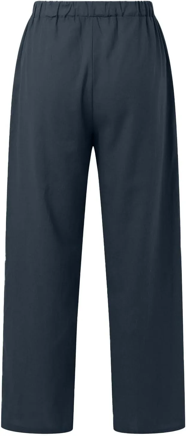 Summer Casual Trousers Pants for Women Flowy Straight Leg Cotton Linen Pants with Pockets Loose Fit Fashion Outfits