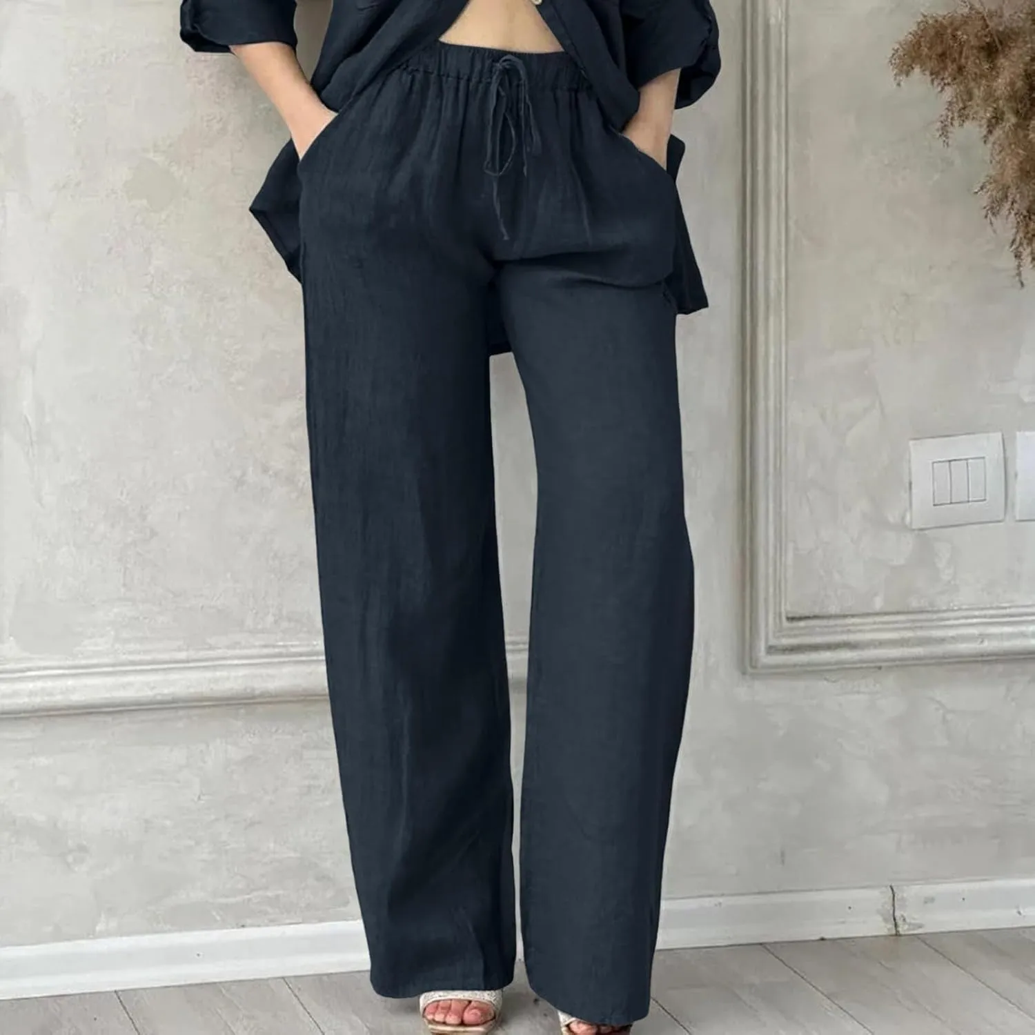 Summer Casual Trousers Pants for Women Flowy Straight Leg Cotton Linen Pants with Pockets Loose Fit Fashion Outfits
