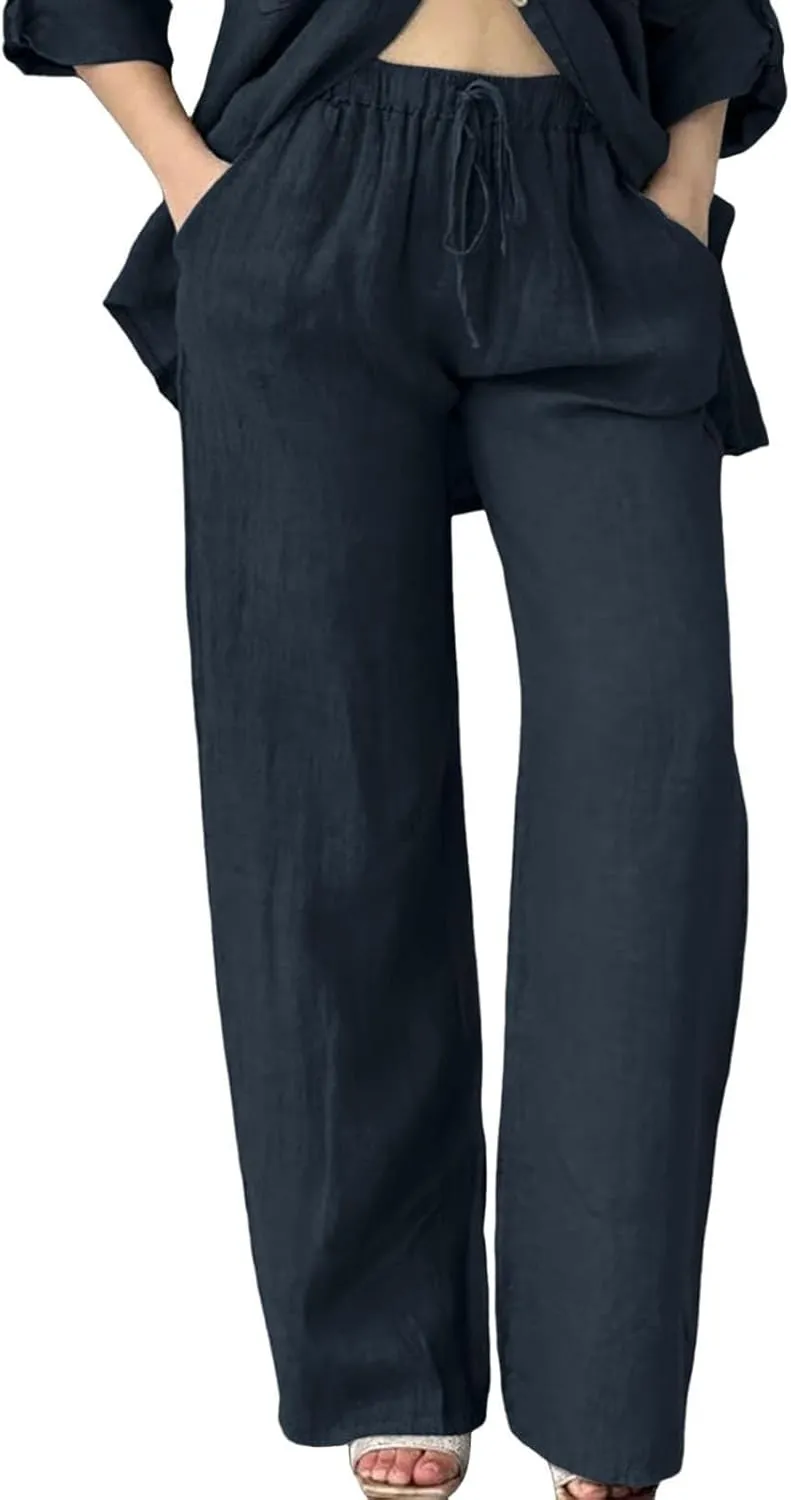 Summer Casual Trousers Pants for Women Flowy Straight Leg Cotton Linen Pants with Pockets Loose Fit Fashion Outfits