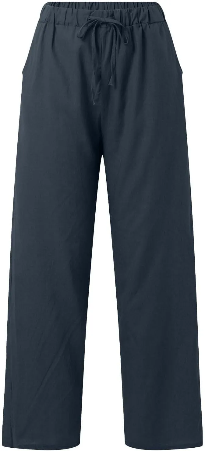 Summer Casual Trousers Pants for Women Flowy Straight Leg Cotton Linen Pants with Pockets Loose Fit Fashion Outfits