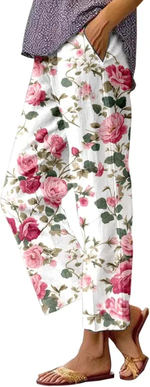 Summer Casual Wide Leg Linen Pants for Women High Waist Comfy Baggy Palazzo Pants Boho Floral Print Beach Trousers