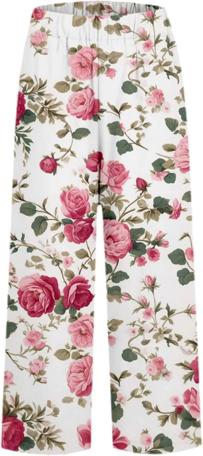 Summer Casual Wide Leg Linen Pants for Women High Waist Comfy Baggy Palazzo Pants Boho Floral Print Beach Trousers