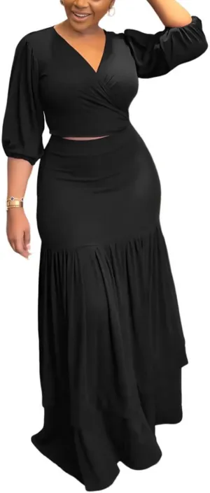 Summer Dress 2 Piece Outfits for Women V-Neck Bandage Half Sleeve Tops Maxi Skirt Dress