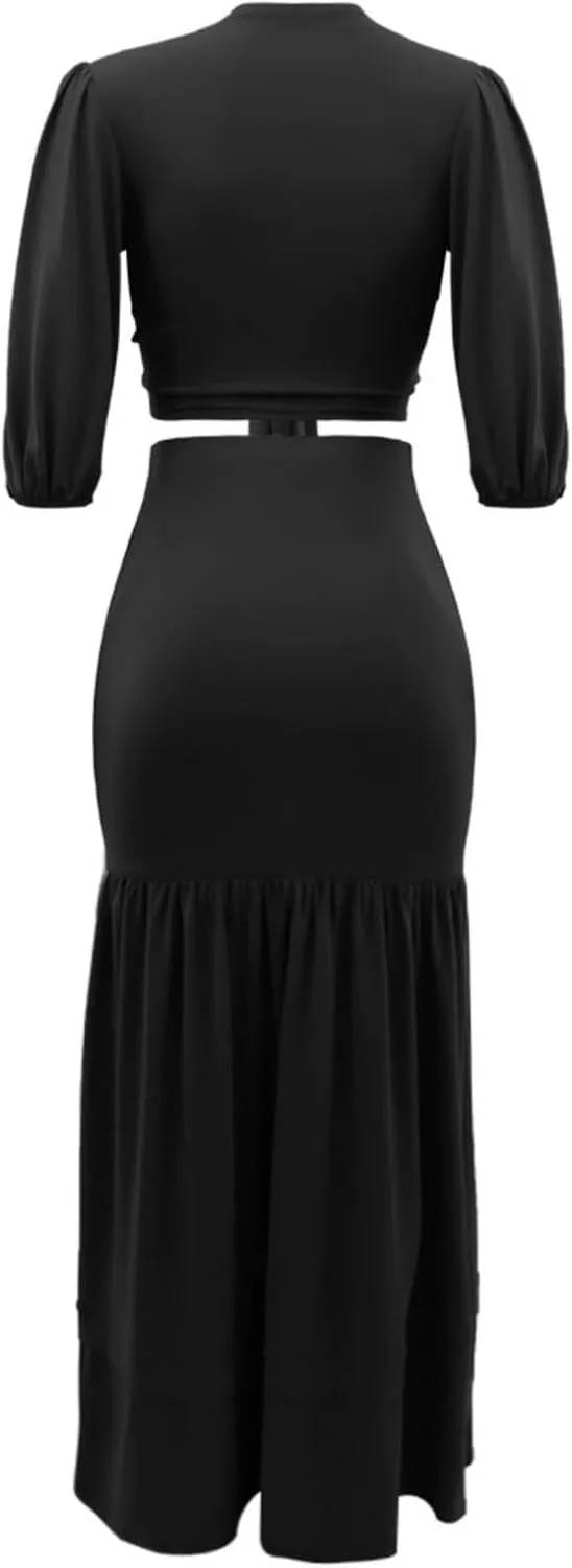 Summer Dress 2 Piece Outfits for Women V-Neck Bandage Half Sleeve Tops Maxi Skirt Dress
