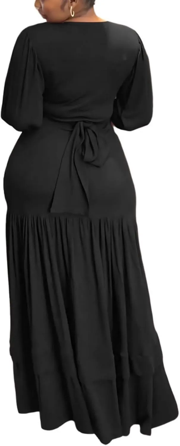 Summer Dress 2 Piece Outfits for Women V-Neck Bandage Half Sleeve Tops Maxi Skirt Dress
