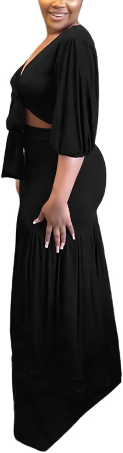 Summer Dress 2 Piece Outfits for Women V-Neck Bandage Half Sleeve Tops Maxi Skirt Dress