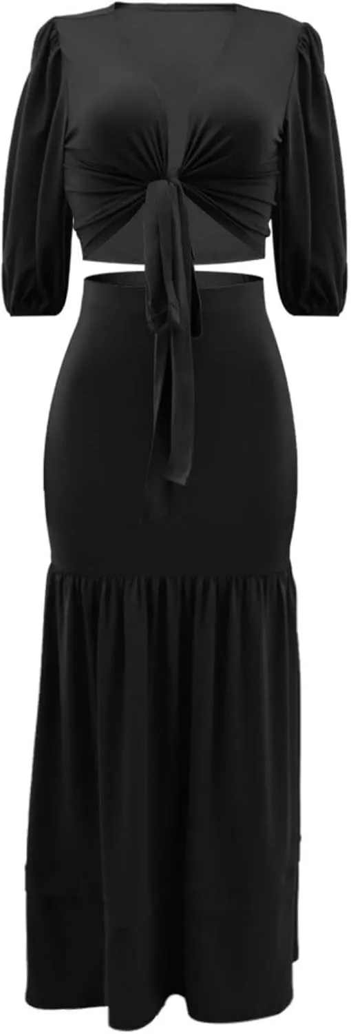 Summer Dress 2 Piece Outfits for Women V-Neck Bandage Half Sleeve Tops Maxi Skirt Dress