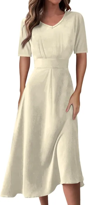 Summer Dresses for Women 2024, Women's Waisted Solid Color Casual Long Dress Plus Size Short Sleeve V-Neck Dresses