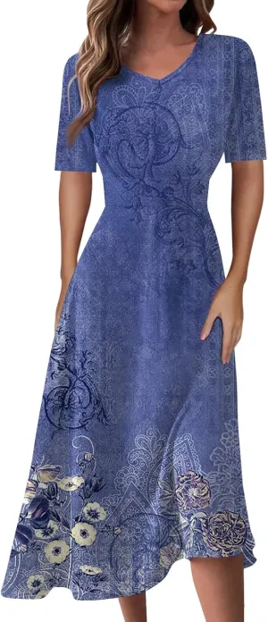 Summer Dresses for Women 2024, Women's Waisted Solid Color Casual Long Dress Plus Size Short Sleeve V-Neck Dresses
