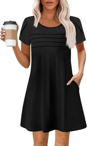 Summer Dresses for Women 2025 Casual T Shirt Dresses Crew Neck Floral Short Sleeve Dress Pleated Front Beach Dress