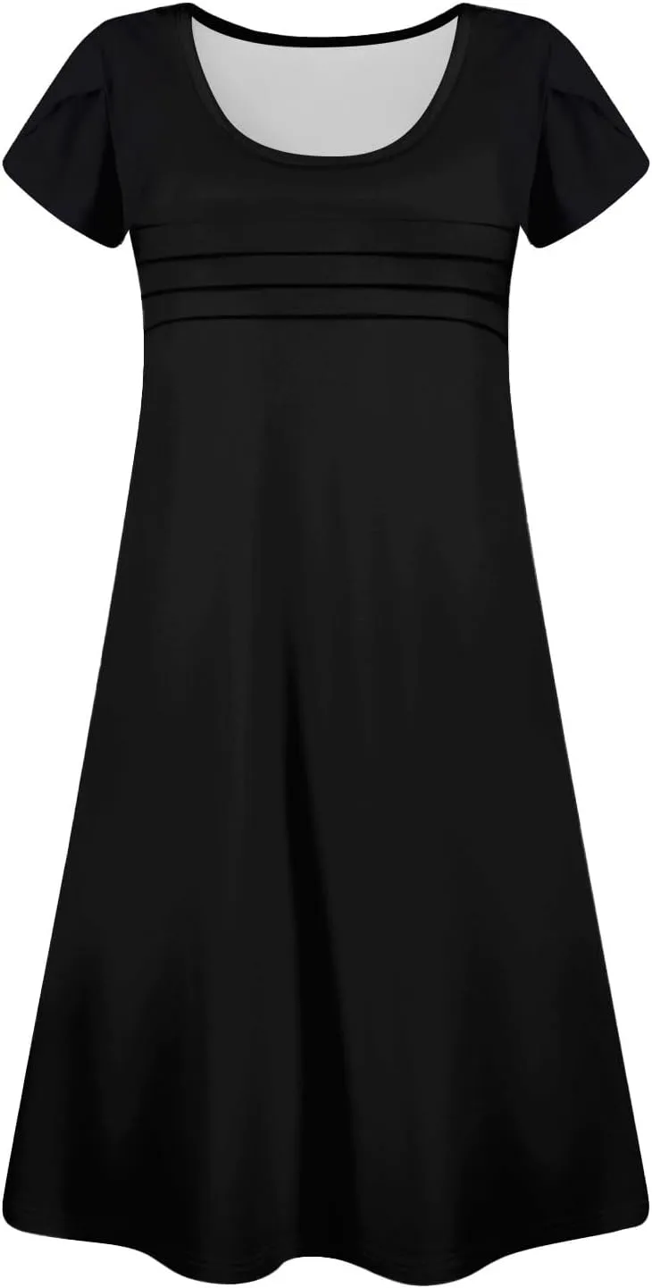 Summer Dresses for Women 2025 Casual T Shirt Dresses Crew Neck Floral Short Sleeve Dress Pleated Front Beach Dress