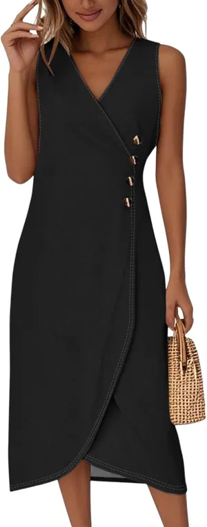 Summer Dresses for Women 2025 Casual V Neck Sleeveless Midi Dress Flowy Irregular Hem Boho Tank Dress