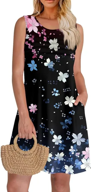Summer Dresses for Women 2025 Loose Casual T Shirt Dresses V Neck Floral Sundresses Sleeveless Pleated Front Tank Dress