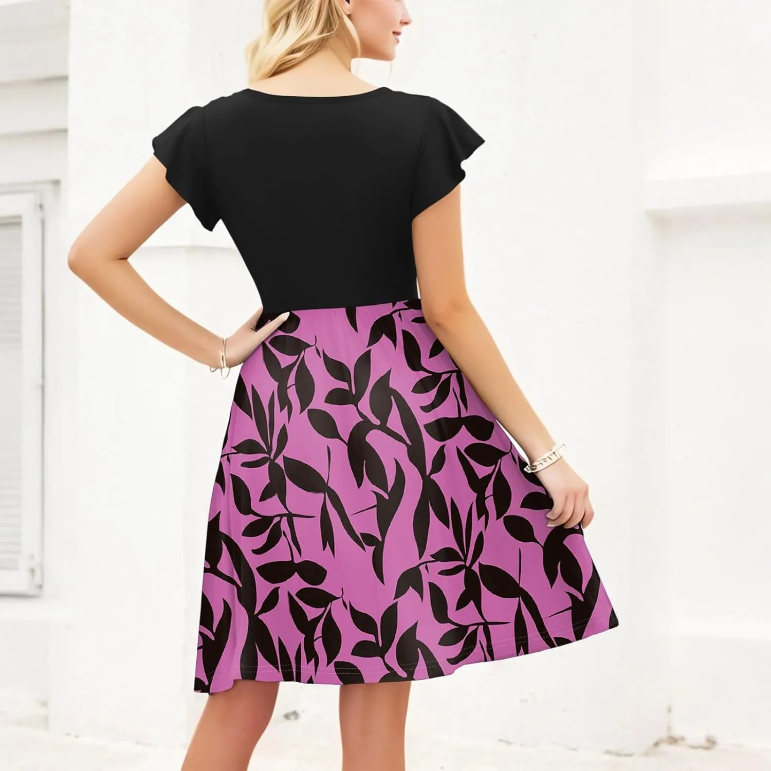 Summer Dresses for Women 2025 Ruffle Sleeve Casual Sundress Swing Elastic Waist Dress with Pockets