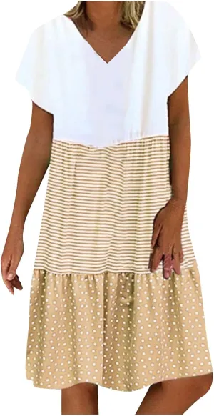 Summer Midi Dresses for Women Fashion 2024 Casual Short Sleeve v Neck Shirt Dress Color Block Swing Beach Sundresses