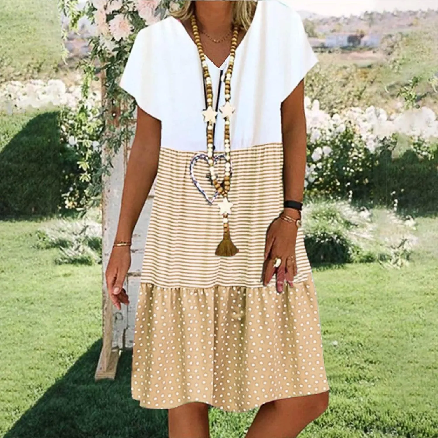 Summer Midi Dresses for Women Fashion 2024 Casual Short Sleeve v Neck Shirt Dress Color Block Swing Beach Sundresses