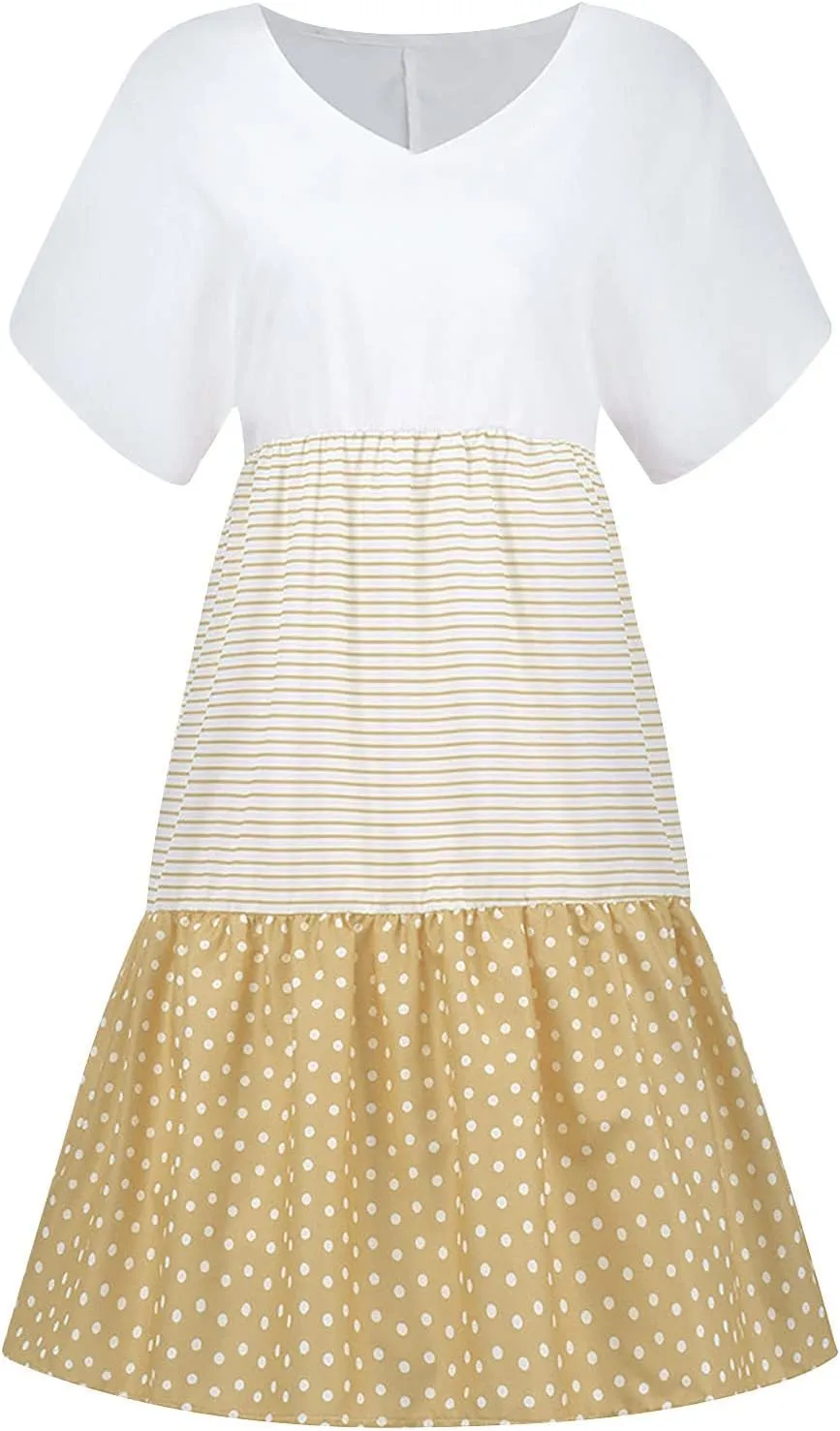 Summer Midi Dresses for Women Fashion 2024 Casual Short Sleeve v Neck Shirt Dress Color Block Swing Beach Sundresses