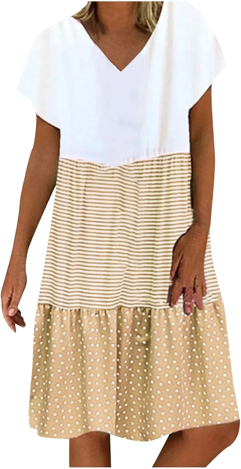 Summer Midi Dresses for Women Fashion 2024 Casual Short Sleeve v Neck Shirt Dress Color Block Swing Beach Sundresses