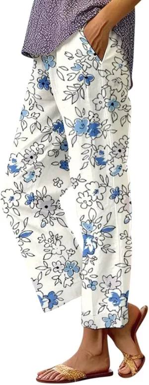 Summer Pants for Women 2025 Vacation Casual Boho Floral Print Cotton Linen Pants Fashion Wide Leg Stripe Lounge Pant