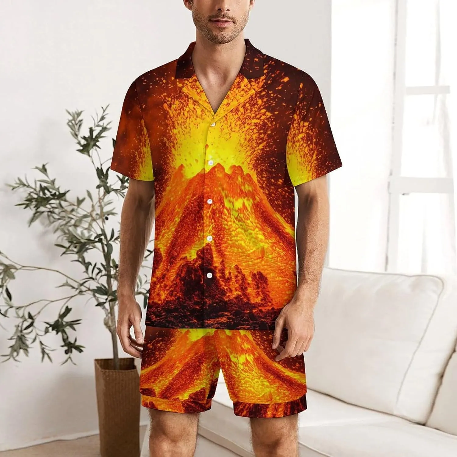 Super Volcano Mens Pajamas Set Short Sleeve Shirt And Shorts Sleepwear PJ Sets Loungewear