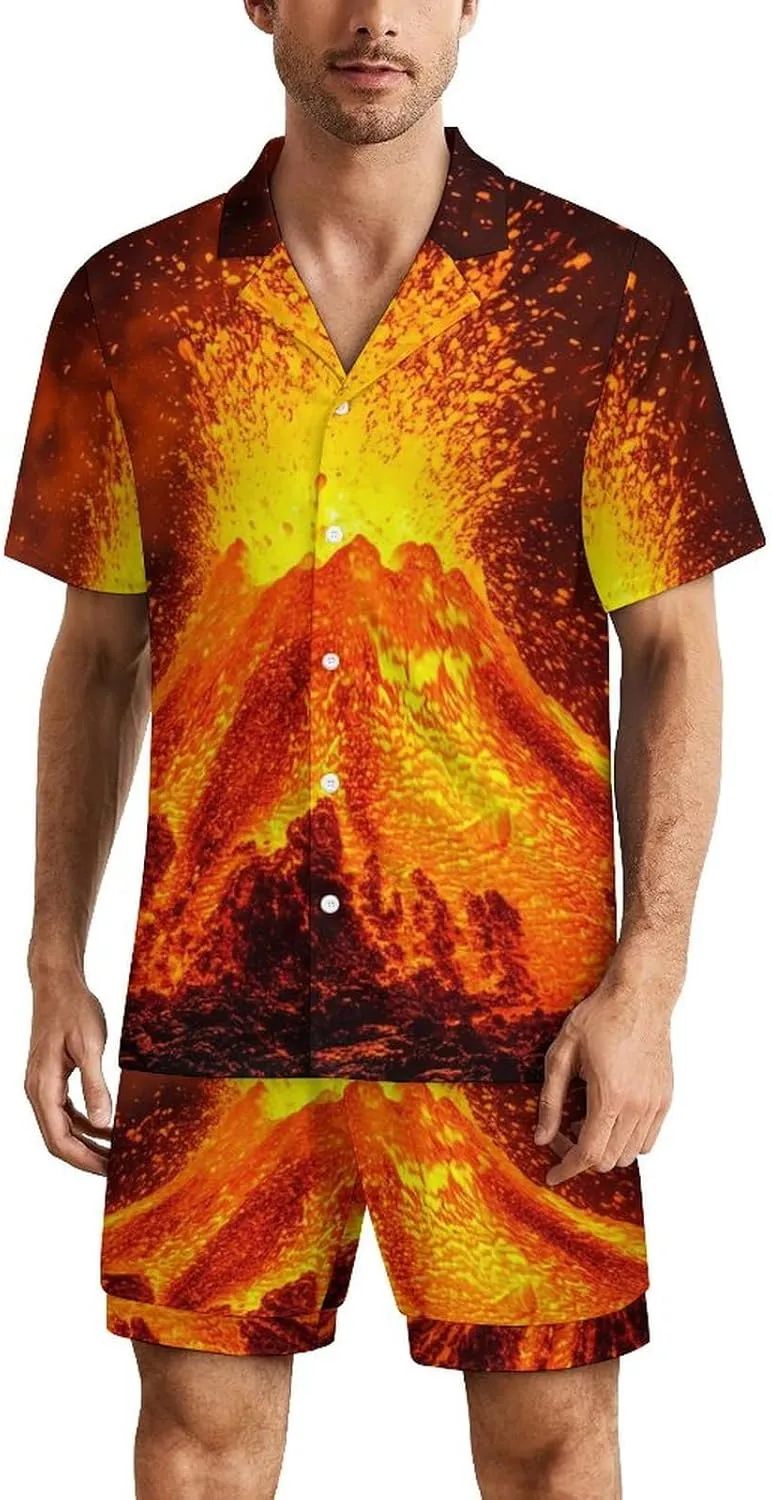 Super Volcano Mens Pajamas Set Short Sleeve Shirt And Shorts Sleepwear PJ Sets Loungewear