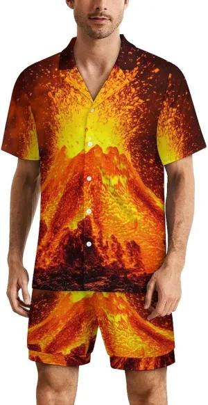 Super Volcano Mens Pajamas Set Short Sleeve Shirt And Shorts Sleepwear PJ Sets Loungewear
